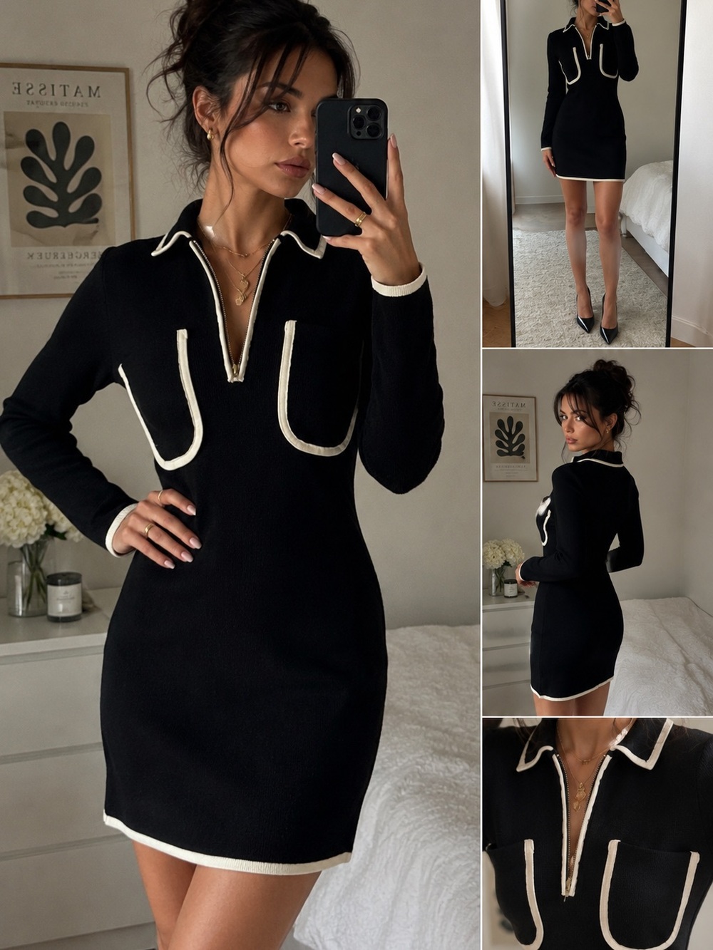ZARA Knit Black Cream Contrast Mini Dress Old Money Preppy Size S